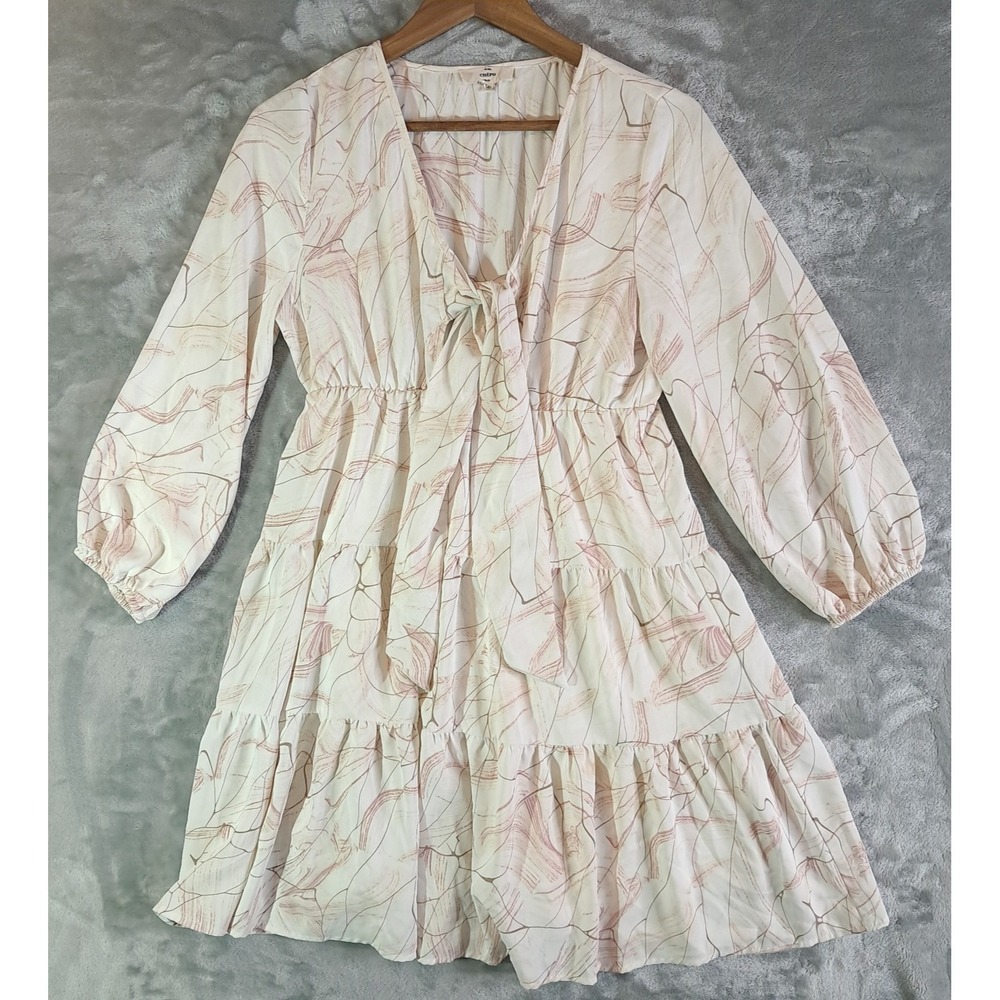Entro Boho Abstract Print Long Sleeve Mini Dress Cream Pink Size S Tie-Neck